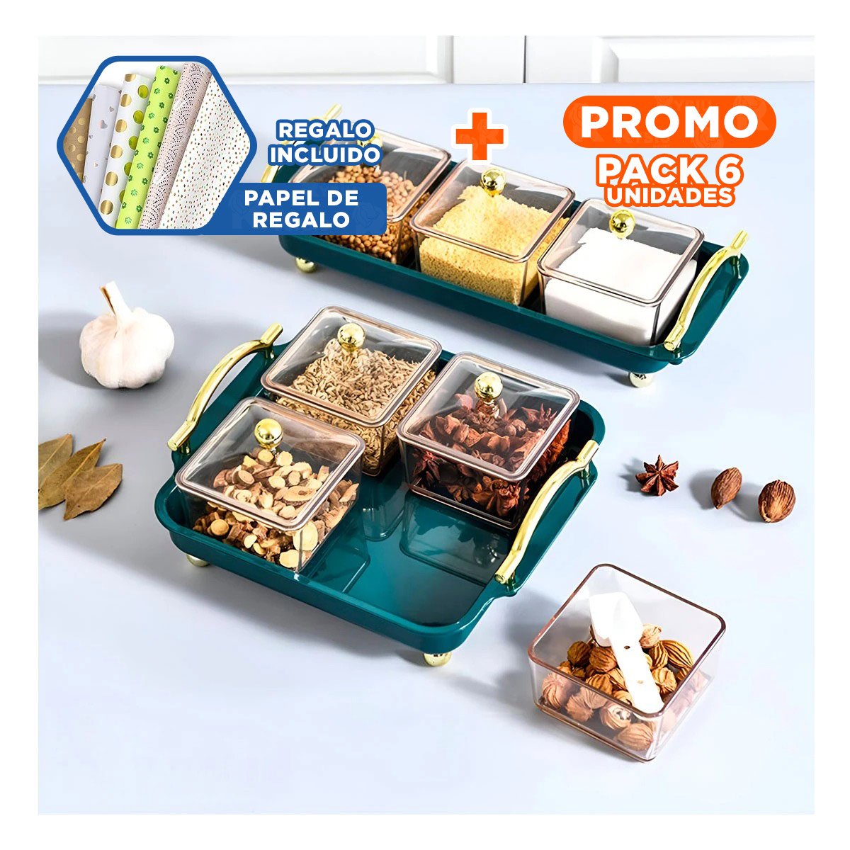 PACK6 SET 4 ORGANIZADORES CON BANDEJA VERDE CON ESTILO COMPACTO PARA CAJONES Y+PAPEL REGALO - 1