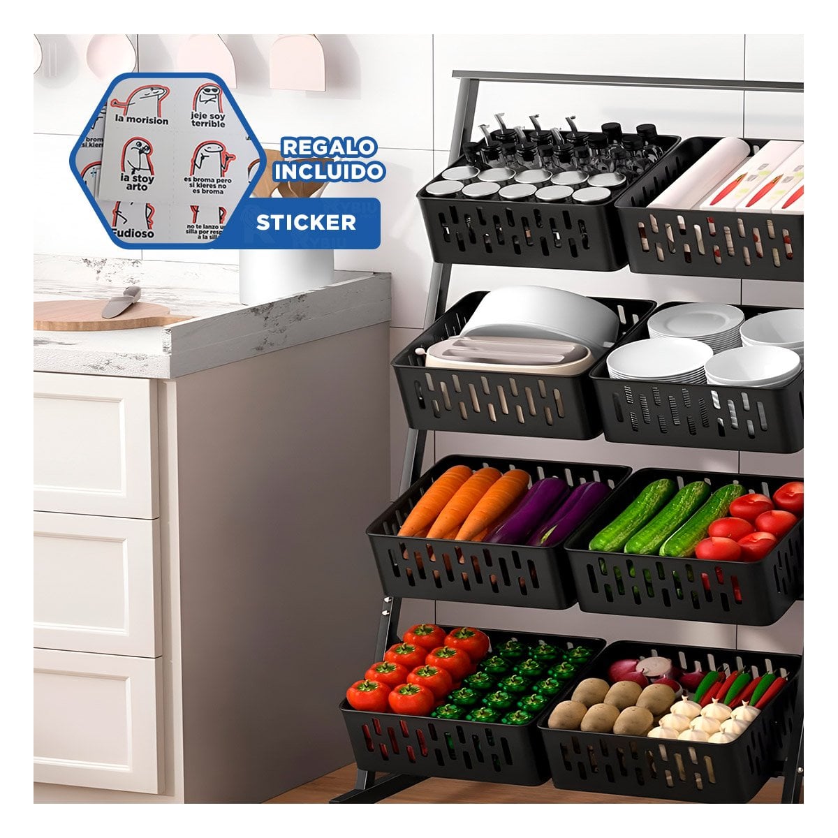 CARRITO ORGANIZADOR CON 4 NIVELES Y 8 BANDEJAS PARA HOGAR PRACTICO NEGRO YREGALO STICKER - 1