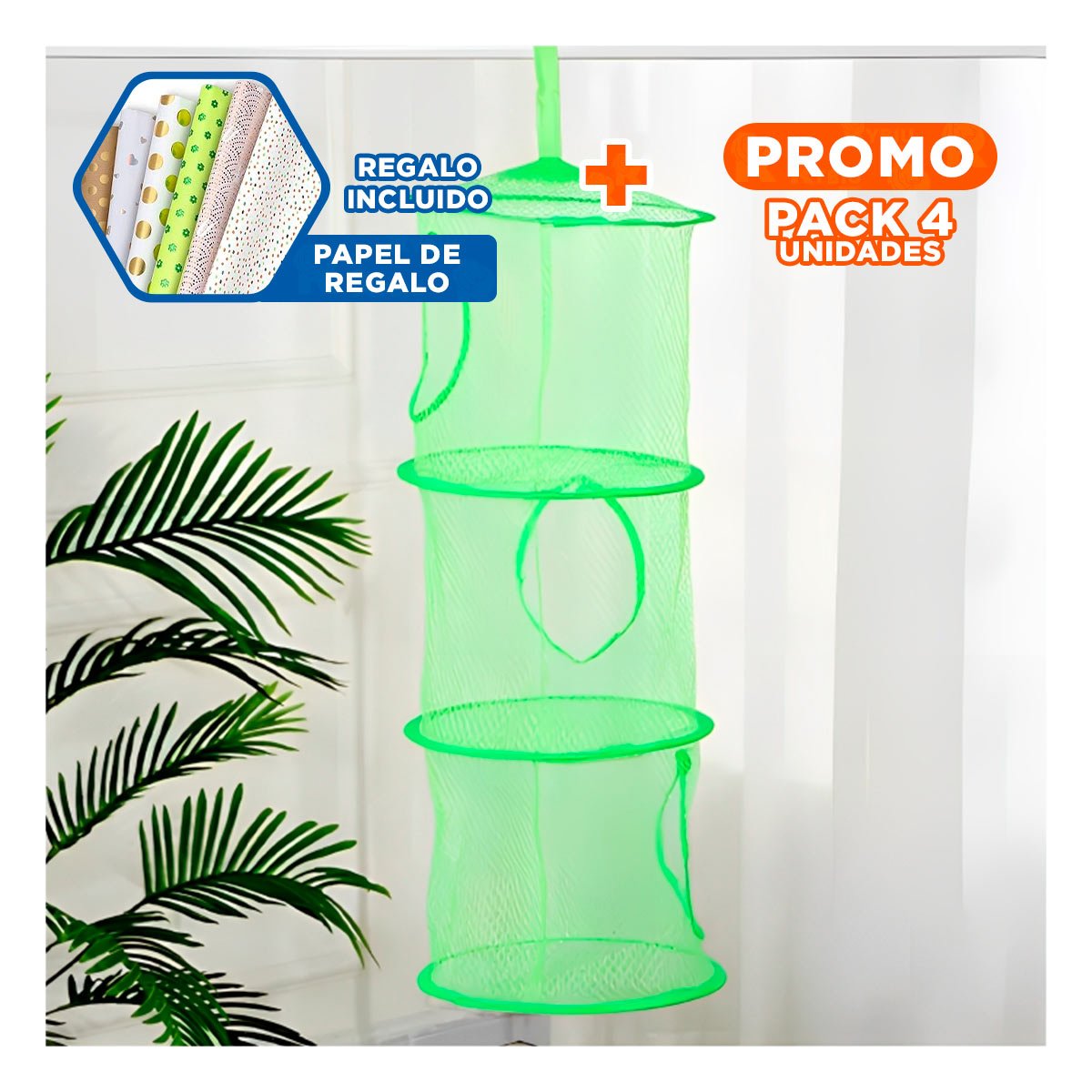 PACK4 UNIDAD COLGANTE TIPO RED 3 NIVELES VERDE PRACTICA PARA ESPACIOS PEQUENOS Y+PAPEL REGALO - 1