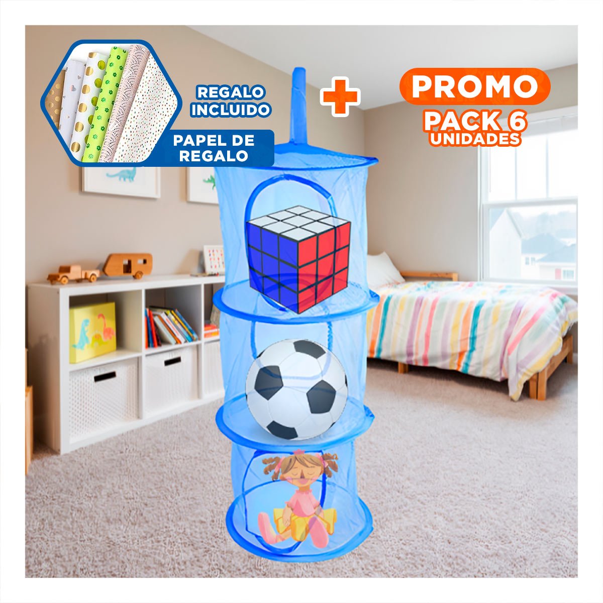 PACK6 UNIDAD COLGANTE TIPO RED 3 NIVELES AZUL MODERNA PARA ROPA Y+PAPEL REGALO - 1