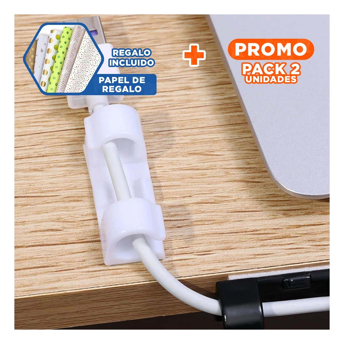 PACK2 CLIPS ORGANIZADORES PARA GESTION DE CABLES CON 16 PIEZAS EN COLOR BLANCO YPAPEL REGALO - 1
