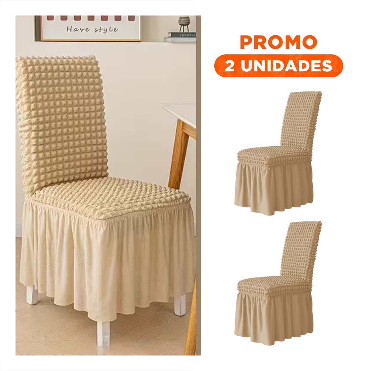 PACK2 FUNDA PARA SILLA COLOR MARRON CLARO ELASTICA CON PATRON TEXTURIZADO CUADRADO - 1
