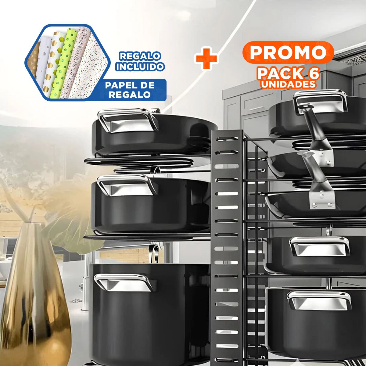 PACK6 PORTA OLLAS NEGRA CON 3 FORMAS DE ADAPTACION COCINA YPAPEL REGALO - 1