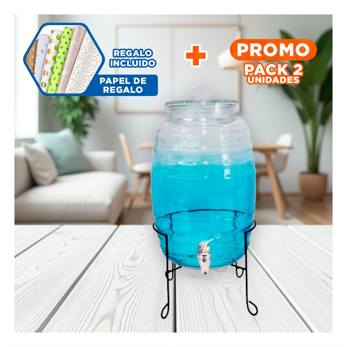 PACK2 ALMACEN DE BEBIDAS 10L CON BASE METALICA Y TAPA CHUPON CELESTE YPAPEL REGALO - 1