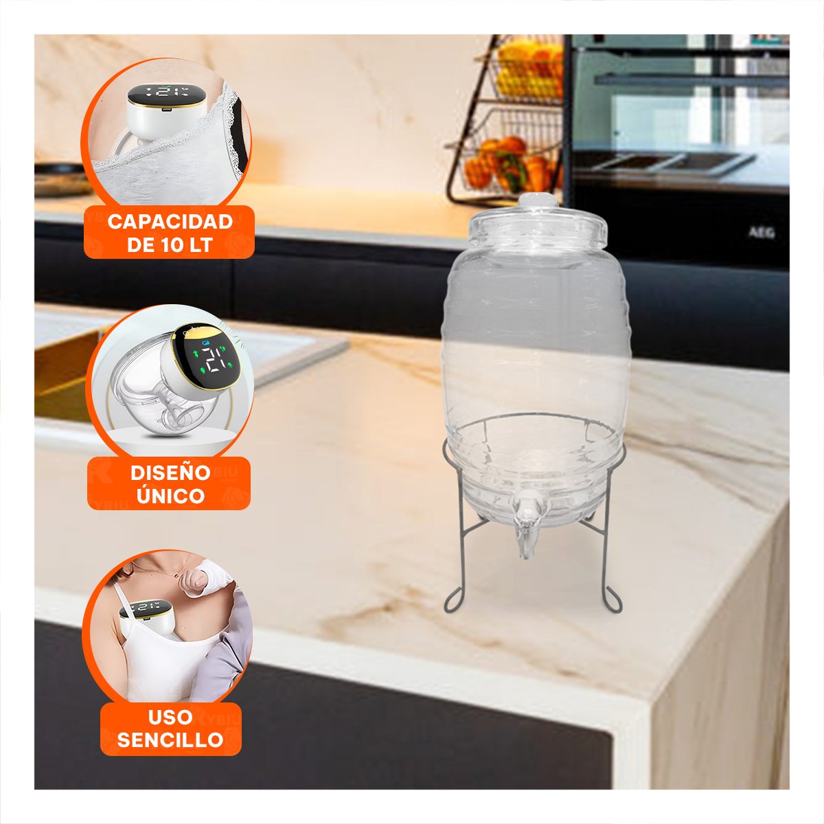PACK2 ALMACEN DE BEBIDAS 10L CON BASE METALICA Y TAPA CHUPON CELESTE YPAPEL REGALO - 5