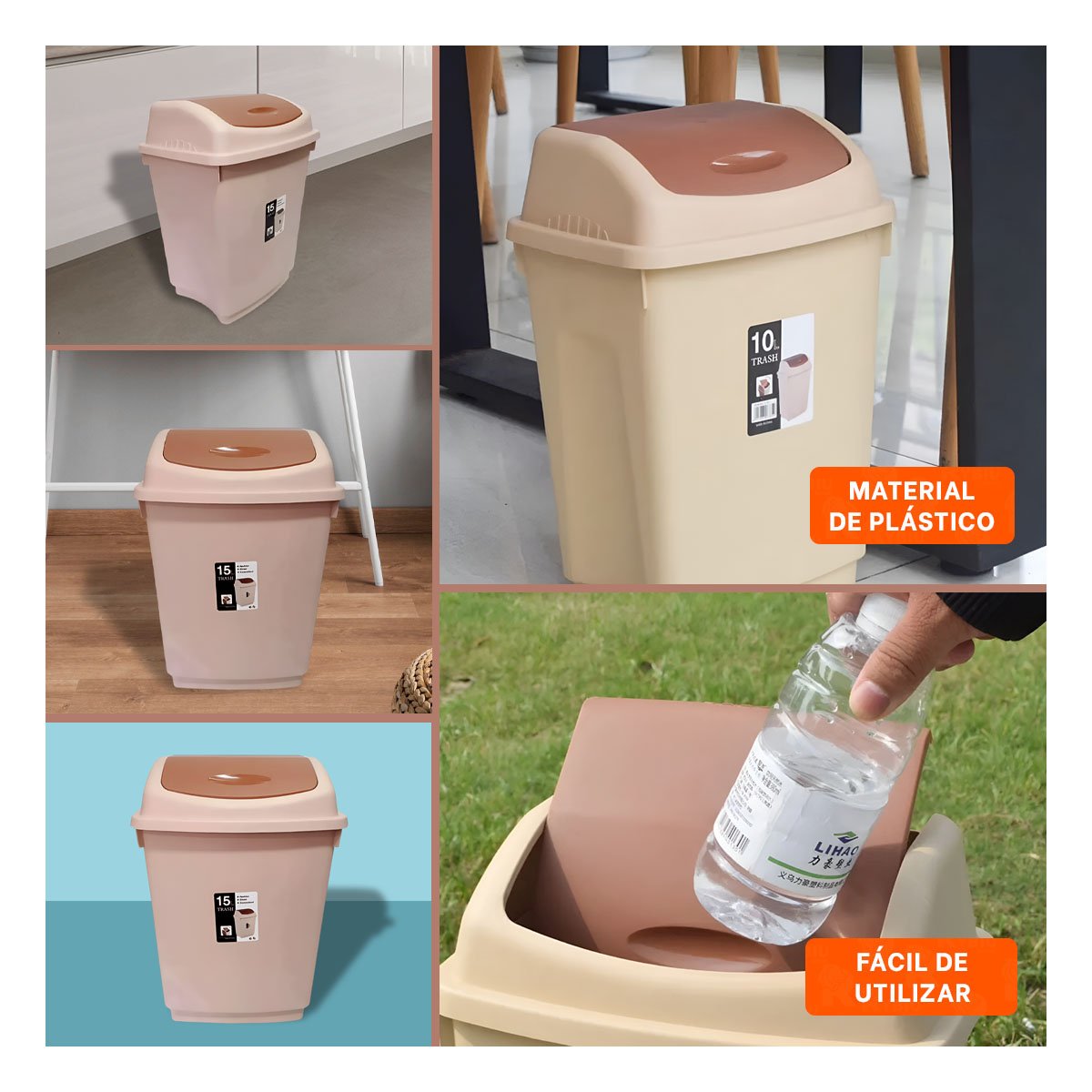 PACK12 DEPOSITO MARRON PARA BASURA CON TAPA VAIVEN FUNCIONAL 15L YPAPEL REGALO - 2