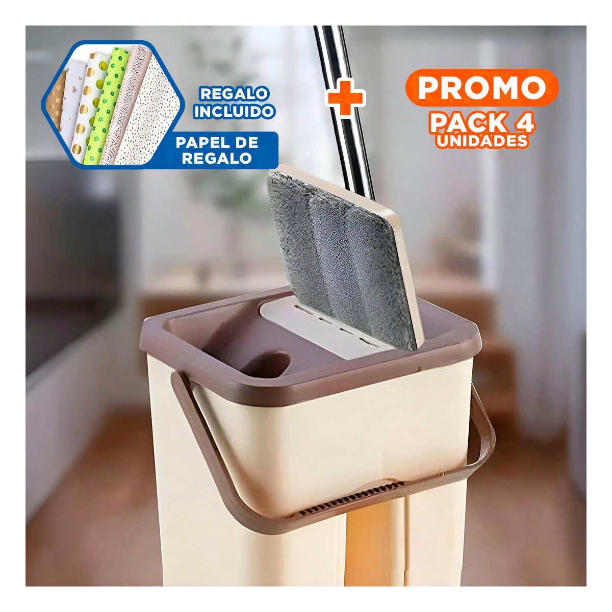 PACK4 HERRAMIENTA DE LIMPIEZA 360 CON BALDE CENTRIFUGADOR BEIGE Y MARRON YPAPEL REGALO - 1