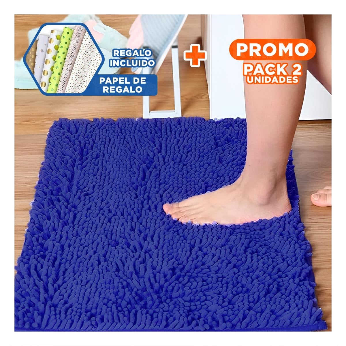 PACK2 TAPETE RECTANGULAR MICROFIBRA 40X60CM AZUL ELECTRICO PARA INTERIOR Y+PAPEL REGALO - 1