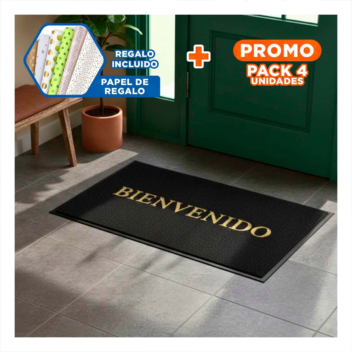 PACK4 FELPUDO RECTANGULAR BIENVENIDO NEGRO PARA COCINA SALA Y ACCESO Y+PAPEL REGALO - 1