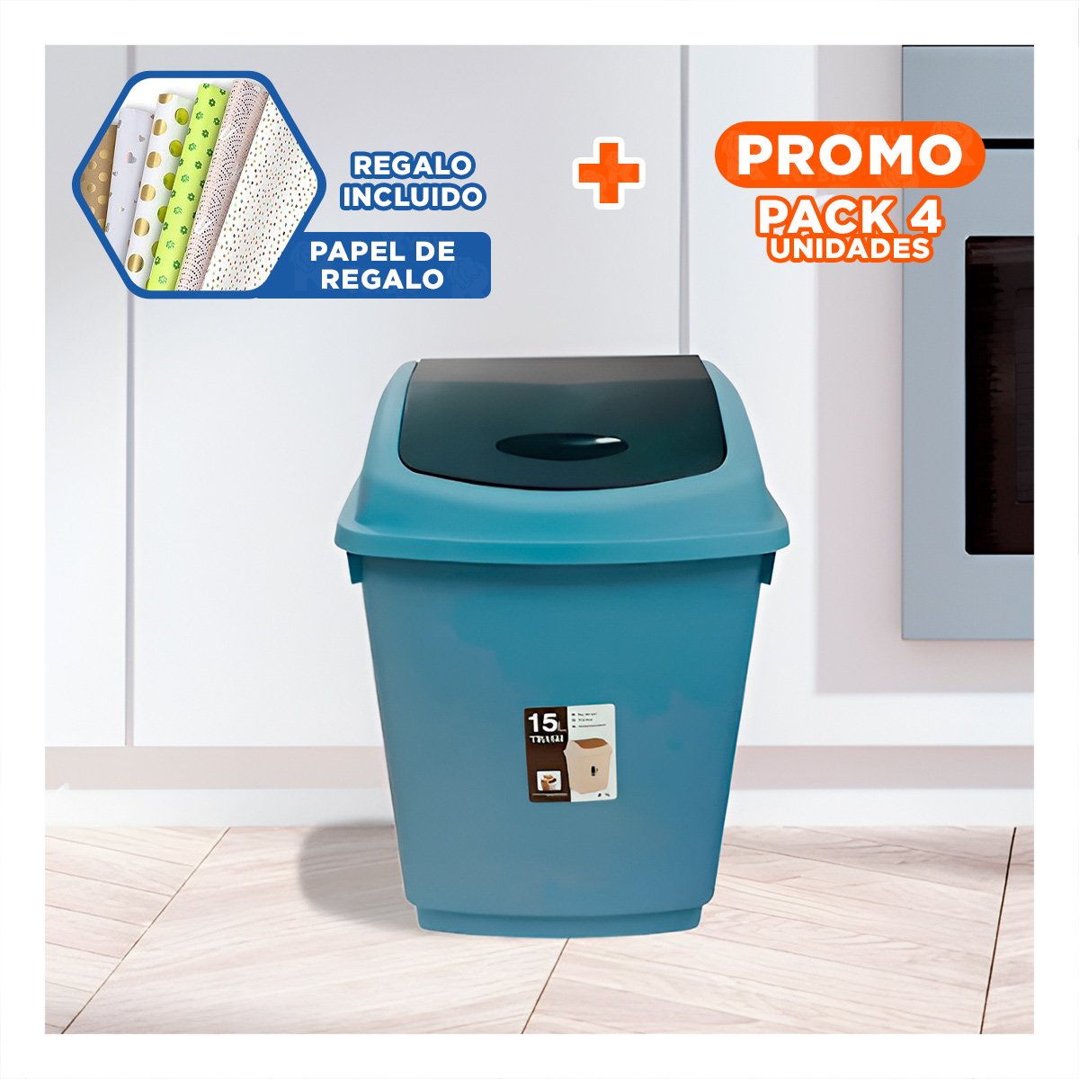 PACK4 TACHO VAIVEN PARA BASURA CON TAPA AZUL Y CAPACIDAD ESTABLE 15L YPAPEL REGALO - 1