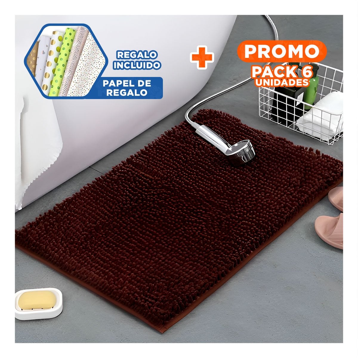 PACK6 TAPIZ RECTANGULAR PARA PISO DE MICROFIBRA 40X60CM MARRON Y+PAPEL REGALO - 1