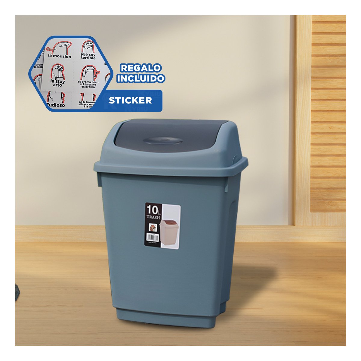 RECIPIENTE DE BASURA VAIVEN CON TAPA EN AZUL Y CAPACIDAD 10L YREGALO STICKER - 1