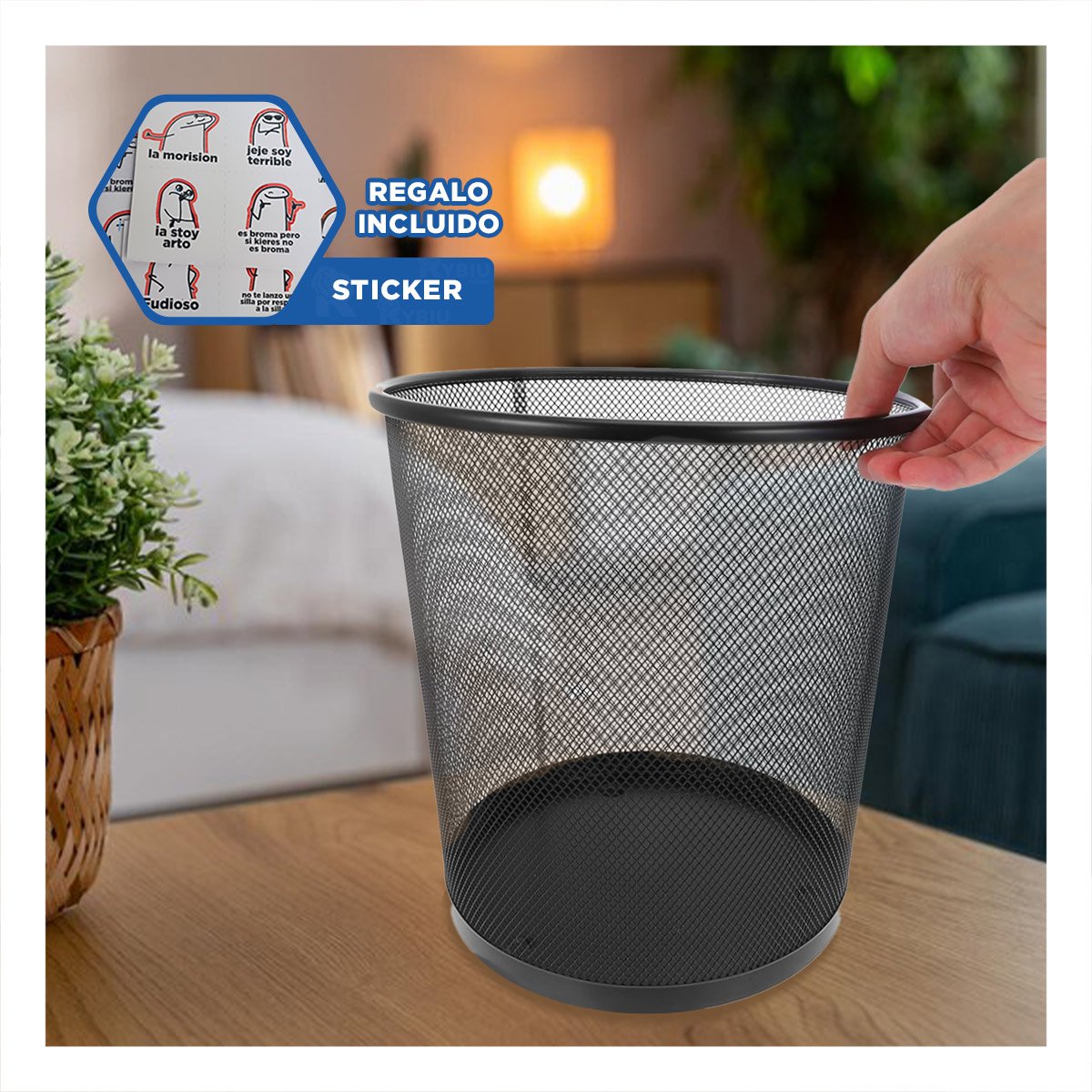 DEPOSITO DE BASURA NEGRO METALICA CIRCULAR PARA OFICINA SALA Y COCINA YREGALO STICKER - 1