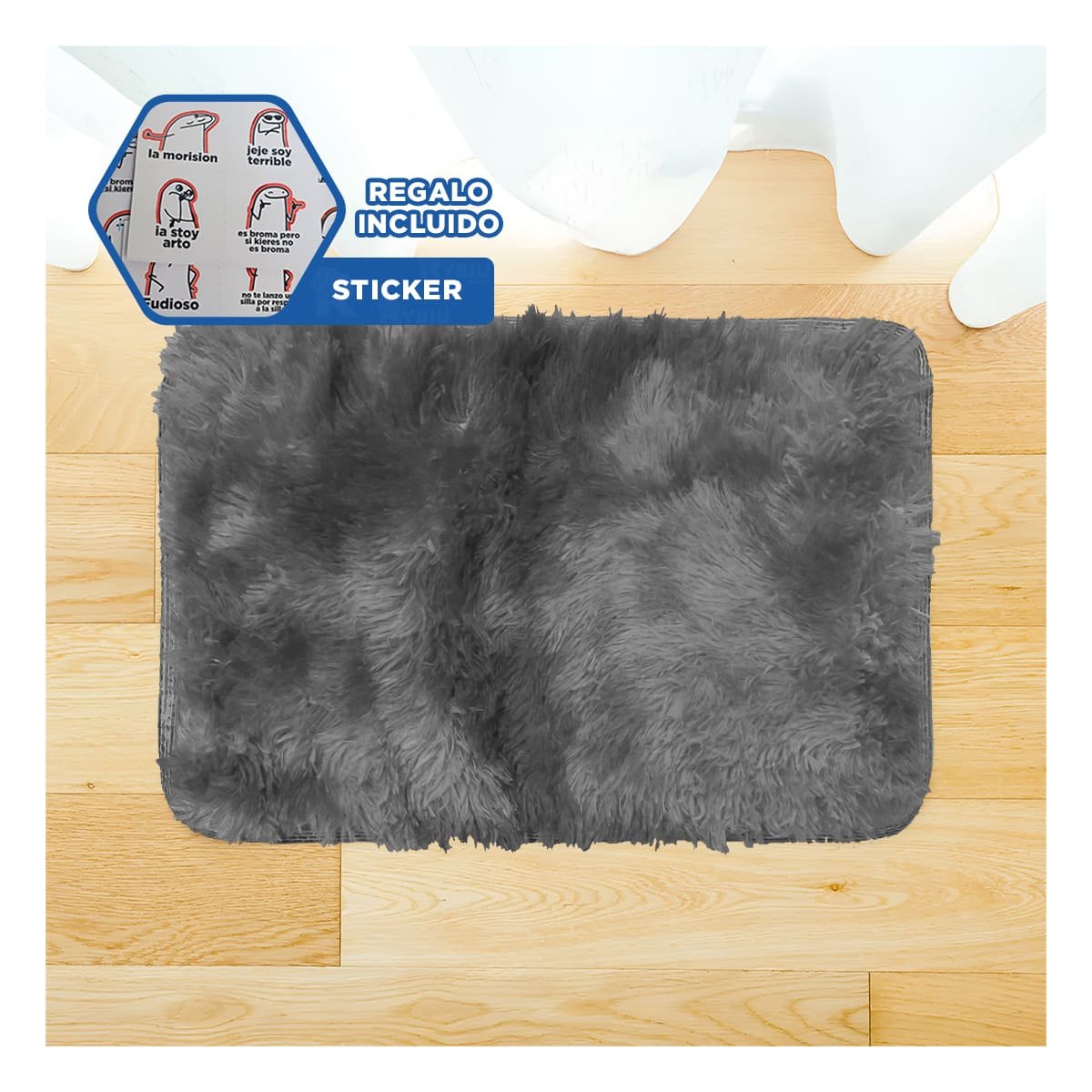 TAPETE CON DIMENSIONES 40X60CM RECTANGULAR DE PELUCHE NEGRO Y PLOMO YREGALO STICKER - 1