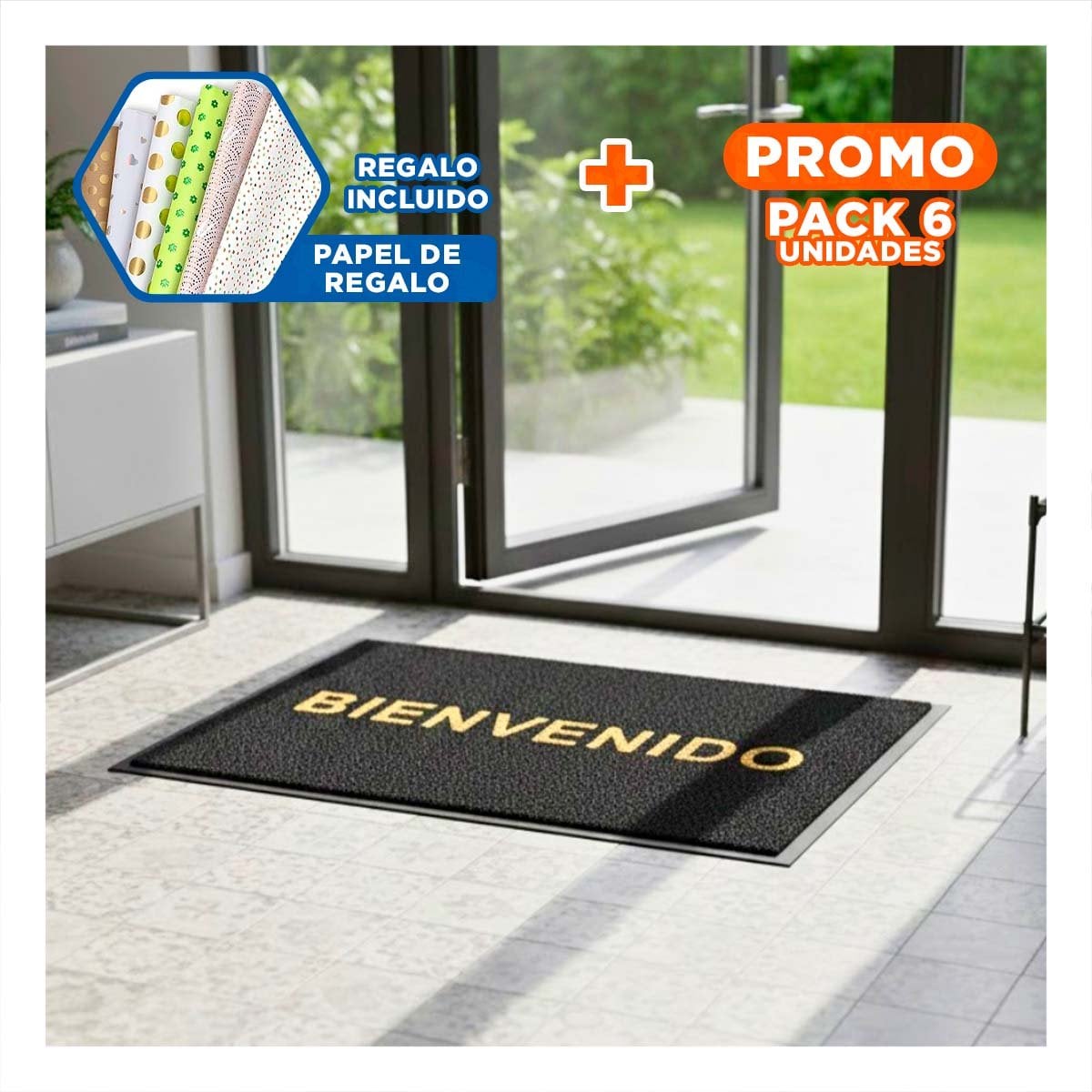 PACK6 COBERTOR RECTANGULAR BIENVENIDO NEGRO PARA SALA ENTRADA Y COCINA Y+PAPEL REGALO - 1