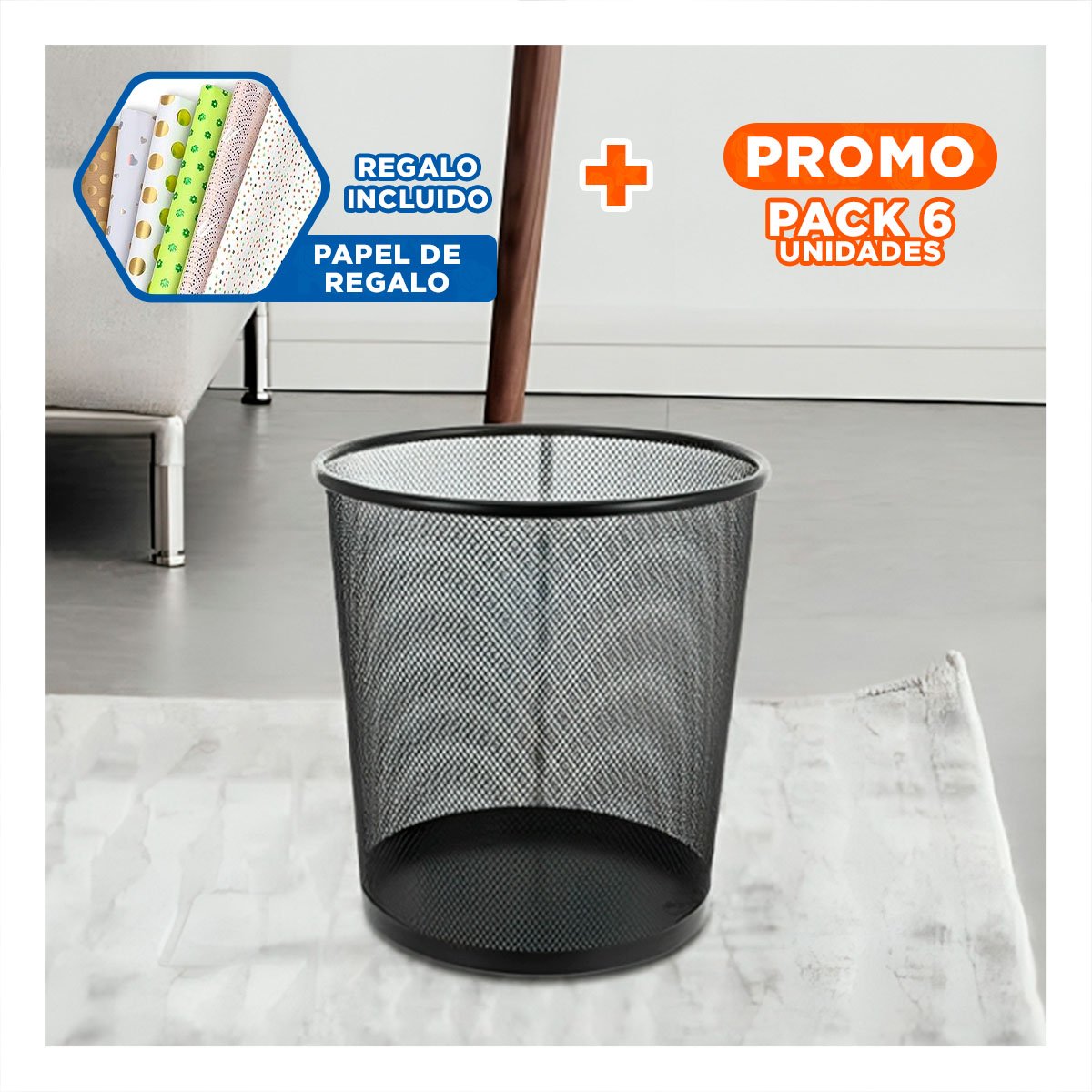 PACK6 DEPOSITO DE BASURA NEGRO METALICO CIRCULAR PARA OFICINA SALA Y COCINA YPAPEL REGALO - 1