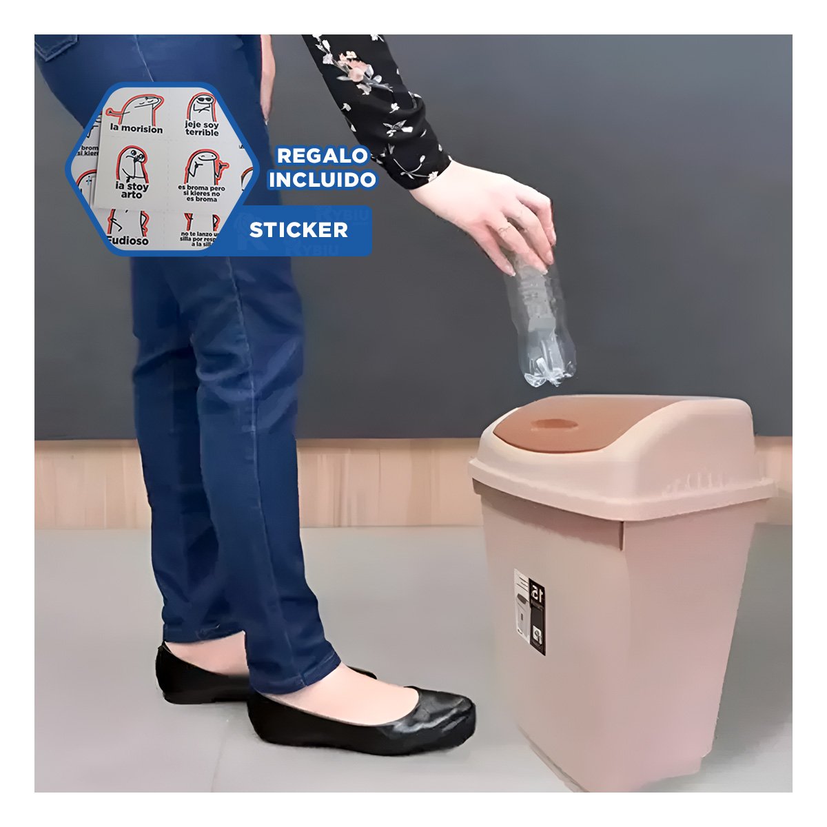 RECIPIENTE DE BASURA VAIVEN CON TAPA EN MARRON Y CAPACIDAD 15L YREGALO STICKER - 1