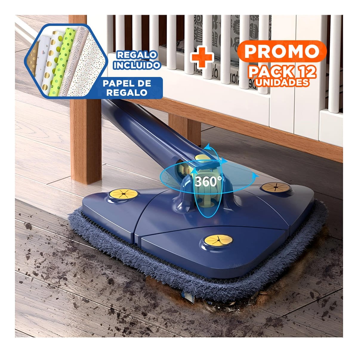 PACK12 TRAPEADOR 360 CON EXPRIMIDOR RÁPIDO AZUL PARA HOGAR Y PISO Y+PAPEL REGALO - 1