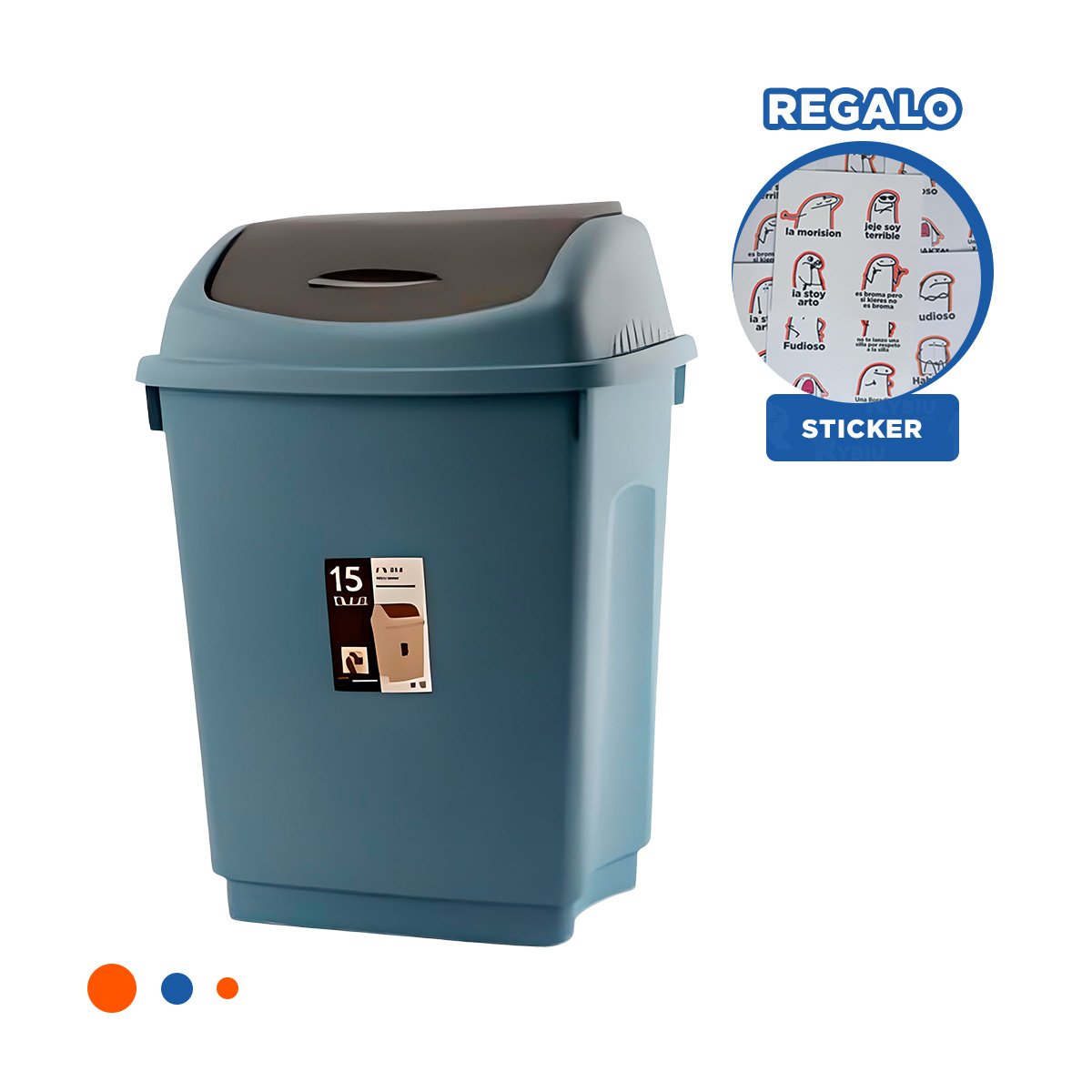 RECIPIENTE DE BASURA VAIVEN CON TAPA EN AZUL Y CAPACIDAD 15L YREGALO STICKER - 1