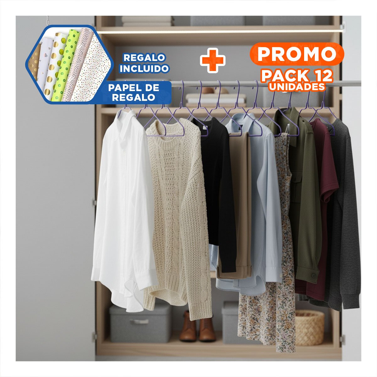 PACK12 SOPORTE COLGANTE PARA GUARDAR CAMISAS INFANTILES 10 PIEZAS 29X19CM MORADO Y+PAPEL REGALO - 1