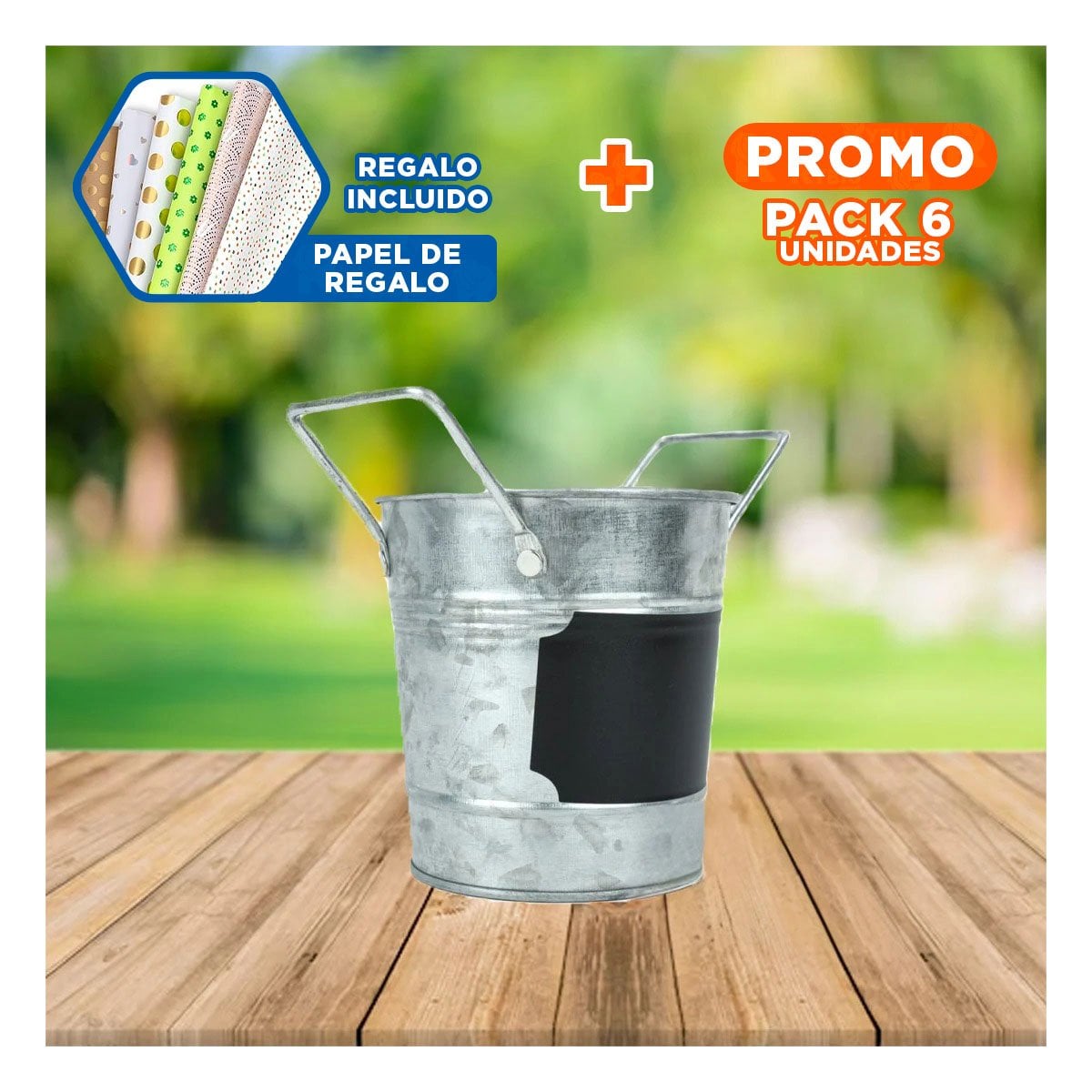 PACK6 BALDE CUBO DE METAL CON DOBLE AGARRADERA Y CUADRO PARA NOTA DE OFICINA Y+PAPEL REGALO - 1