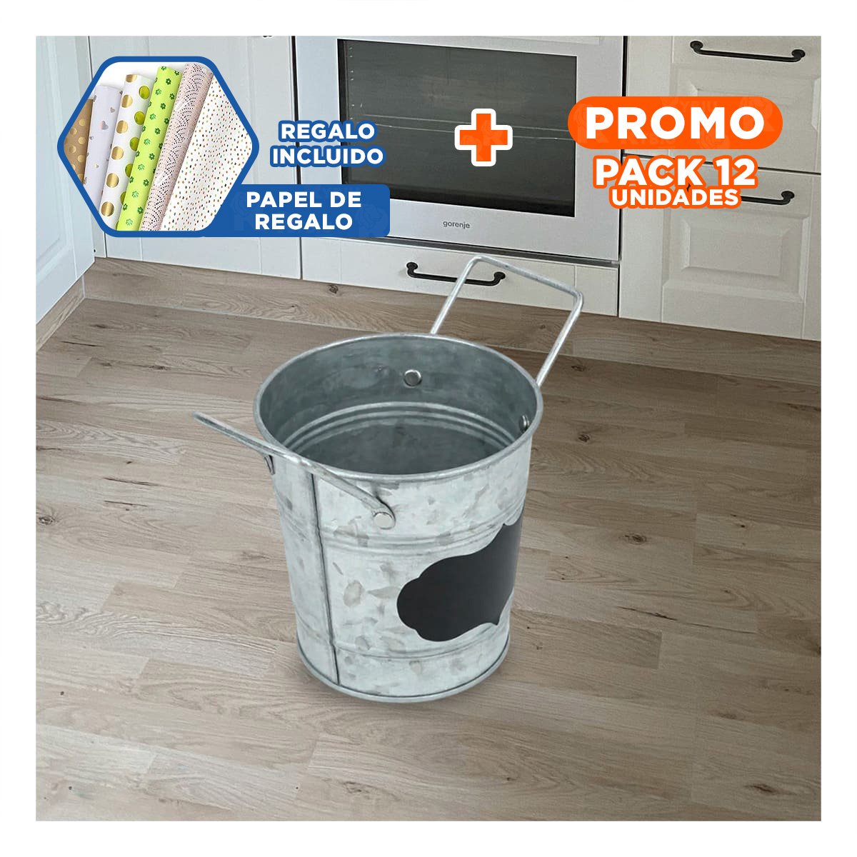 PACK12 RECIPIENTE CUBO DE METAL CON DOBLE ASA 10X8.5CM PLATEADO ESTILO MODERNO Y+PAPEL REGALO - 1