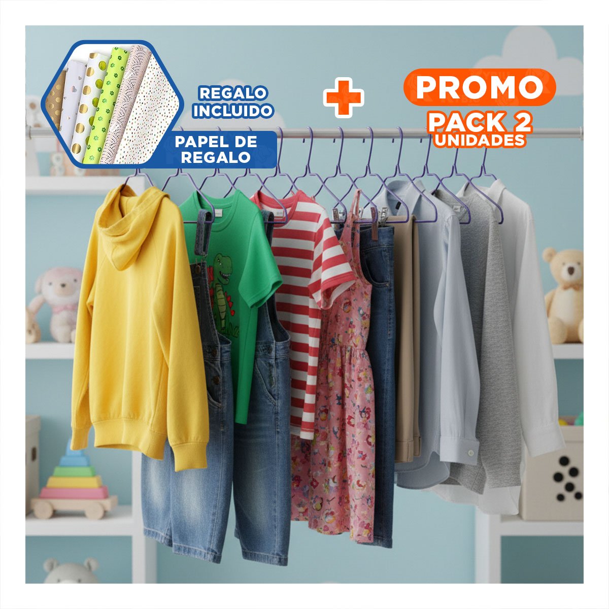 PACK2 BARRA PARA GUARDAR ROPA EN CLOSET INFANTIL 10 PIEZAS 29X19CM MORADO Y+PAPEL REGALO - 1