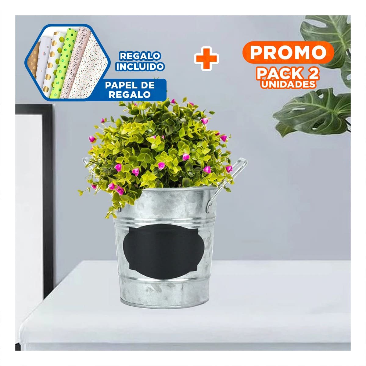 PACK2 TIESTO CUBO DE METAL CON DOBLE AGARRADERA Y CUADRO PARA NOTA CON DISEÑO Y+PAPEL REGALO - 1