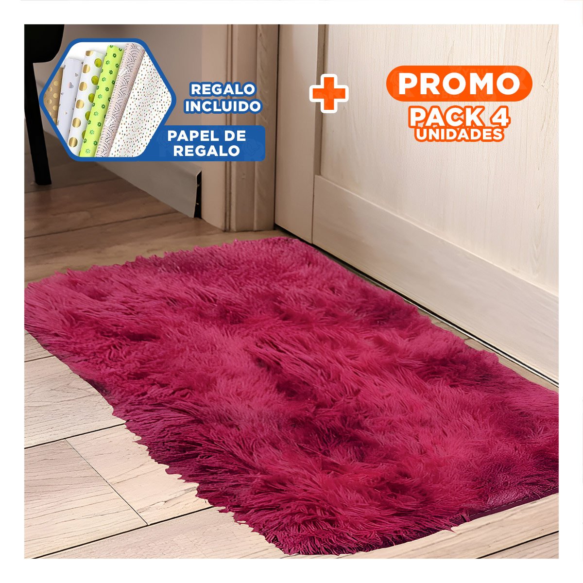 PACK4 ALFOMBRA FUCSIA Y GUINDA CON TEXTURA PELUCHE RECTANGULAR 40X60CM YPAPEL REGALO - 1