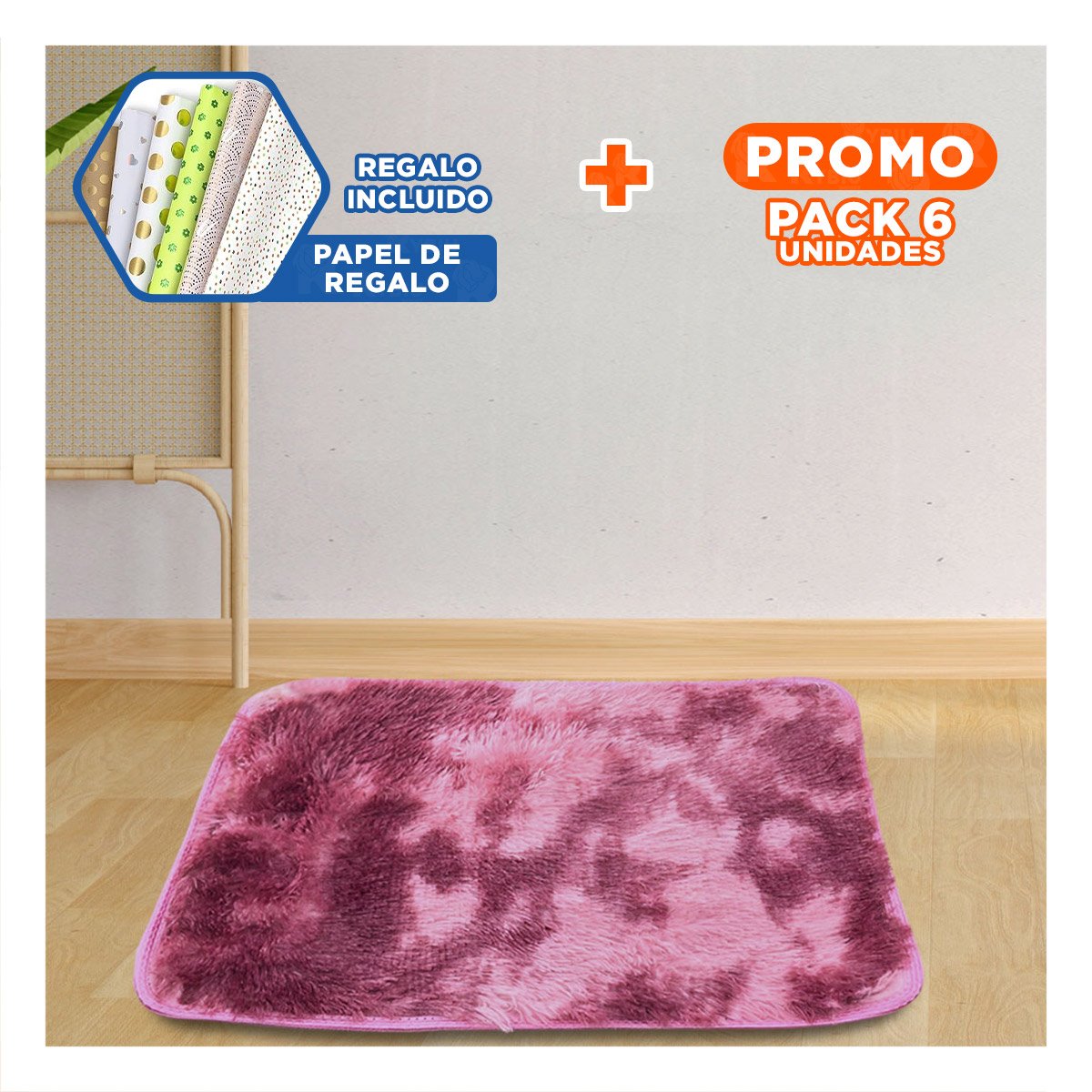 PACK6 ALFOMBRILLA DE PELUCHE DECORATIVO RECTANGULAR GUINDA Y ROSADO 40X60CM YPAPEL REGALO - 1