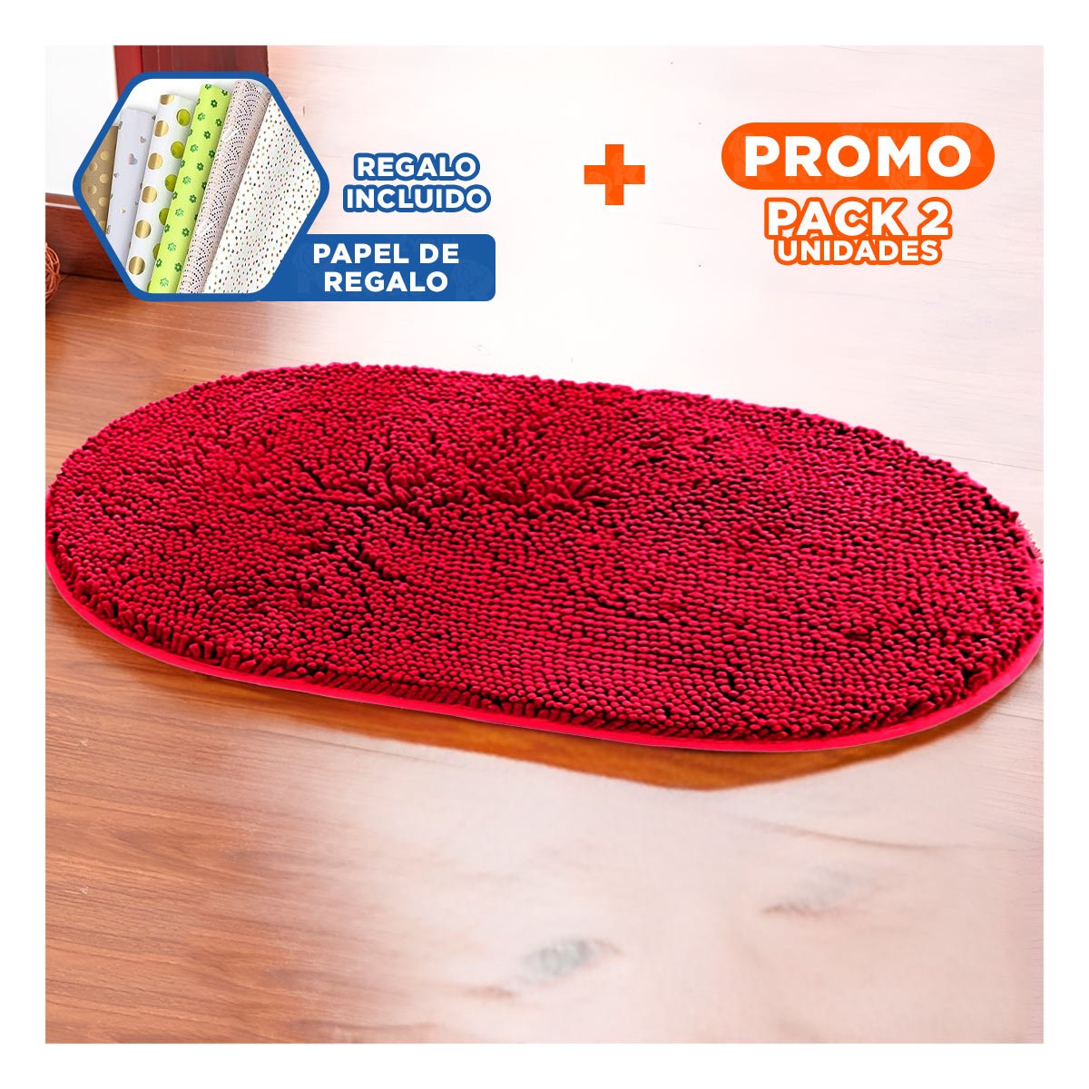 PACK2 PRODUCTO DE PISO OVALADO DE MICROFIBRA 40X60CM ROJO PARA USO INTERIOR Y+PAPEL REGALO - 1