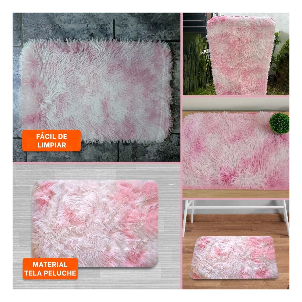 TAPETE DE PELUCHE DIMENSIONES 40X60CM RECTANGULAR ROSADO Y BLANCO YSTICKY - 5