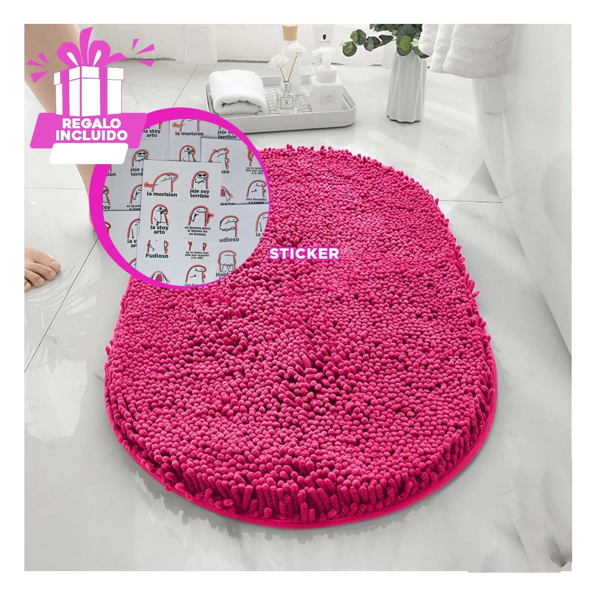 BASE OVALADA DE MICROFIBRA 40X60CM FUCSIA ABSORBENTE PARA BANO YREGALO STICKER - 1