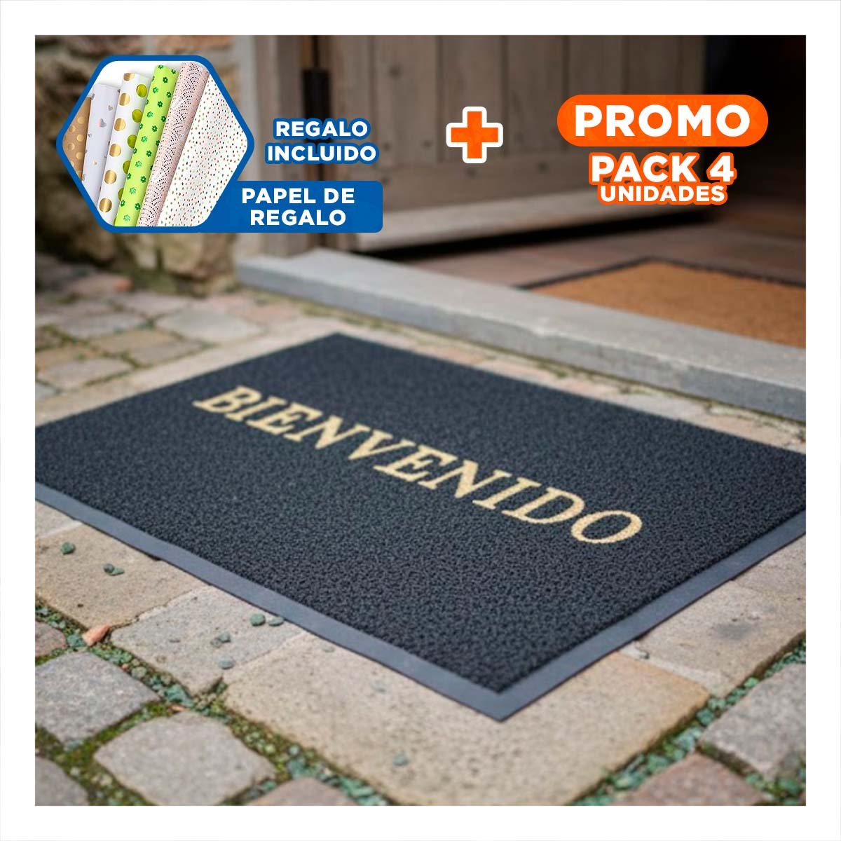 PACK4 FELPUDO RECTANGULAR BIENVENIDO PLOMO PARA DECORAR ENTRADA Y SALA Y+PAPEL REGALO - 1