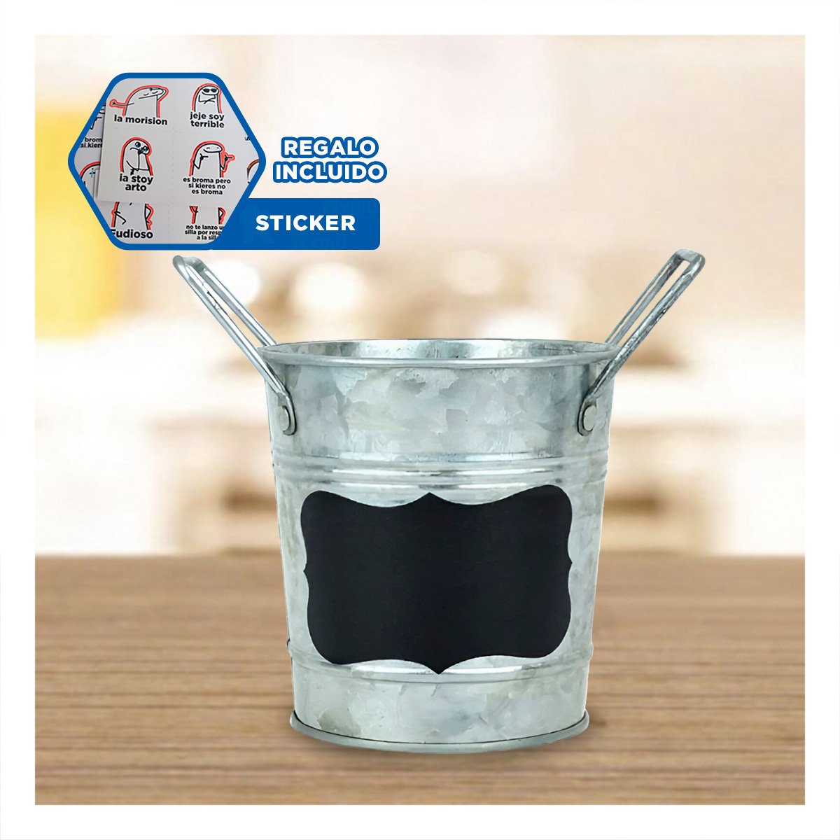 MACETA CUBO DE METAL CON DOBLE ASA 10X8.5CM PLATEADO ESTILO MODERNO Y+REGALO STICKER - 1