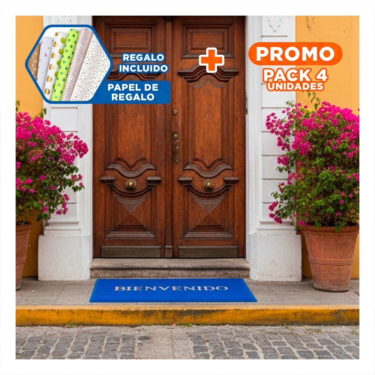 PACK4 ALFOMBRA RECTANGULAR BIENVENIDO NEGRO MODERNA Y COMODA PARA RECIBIDORES Y+PAPEL REGALO - 1