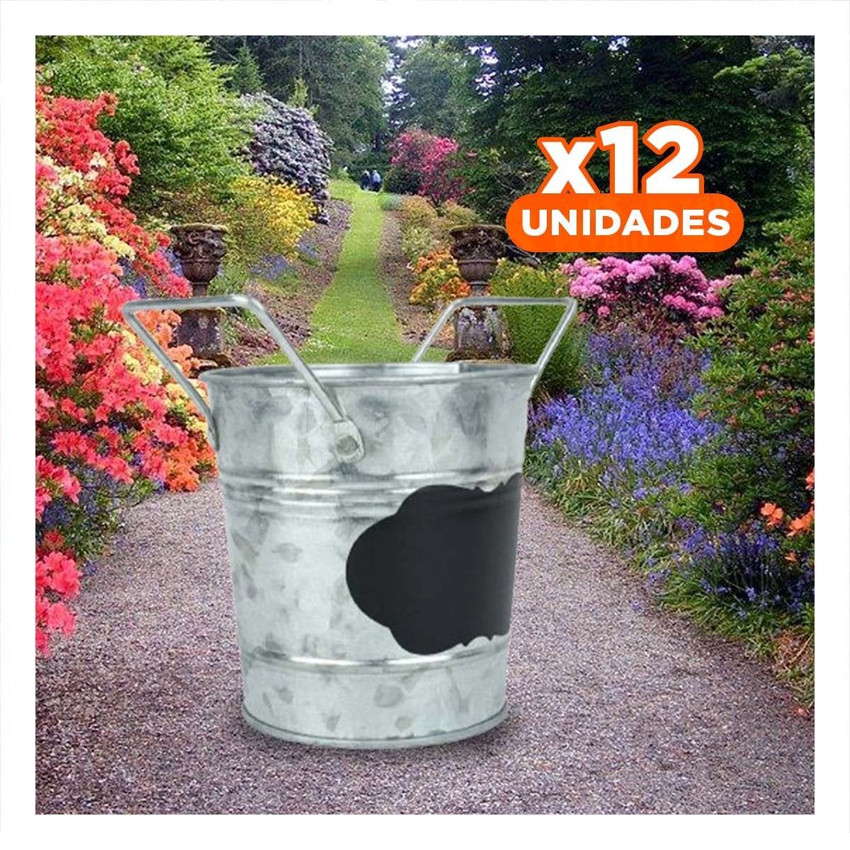 PACK12 BALDE METALICO PLATEADO PARA JARDIN CON DOBLE ASA Y CUADRO DE NUBE - 1