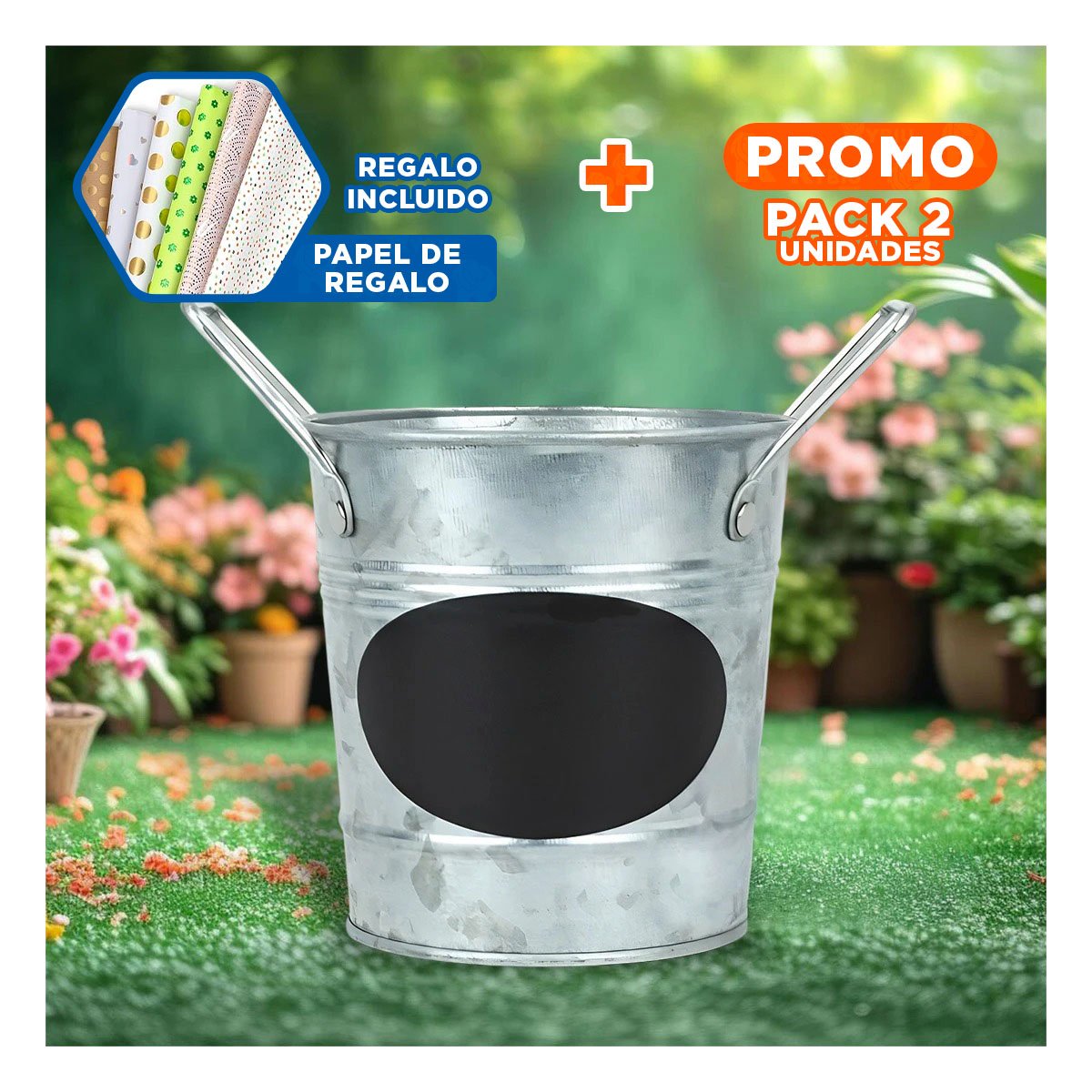 PACK2 TIESTO CUBO DE METAL CON DOBLE AGARRADERA Y CUADRO PARA NOTA CON UN DISEÑO Y+PAPEL REGALO - 1