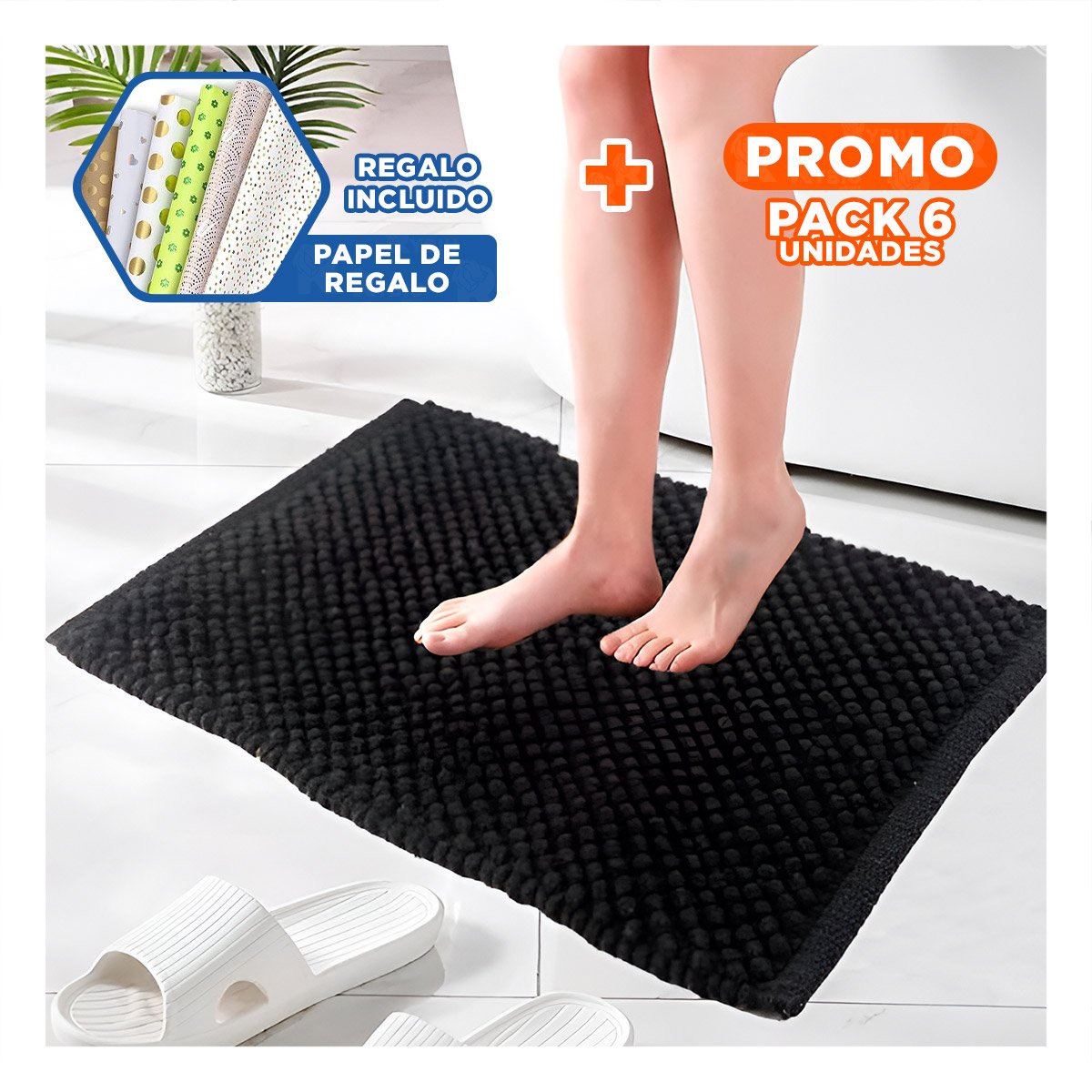 PACK6 TAPIZ RECTANGULAR ABSORBENTE DE MICROFIBRA 40X60CM NEGRO Y+PAPEL REGALO - 1