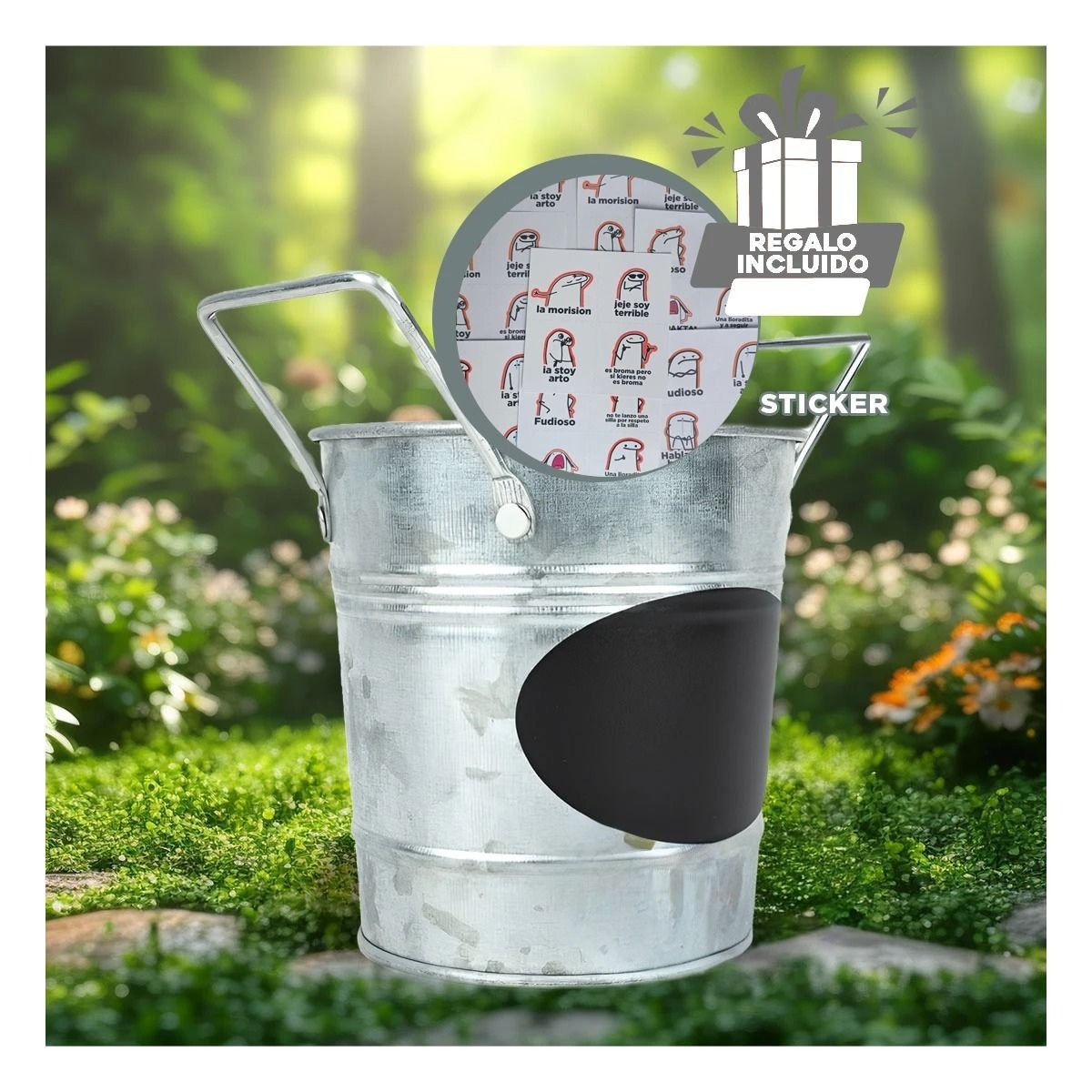 JARRON CUBO DE METAL CON DOBLE AGARRADERA Y CUADRO PARA NOTA PARA INTERIOR Y+REGALO STICKER - 1