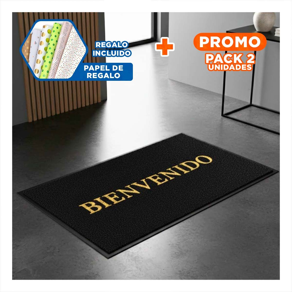 PACK2 ESTERA RECTANGULAR BIENVENIDO NEGRO DE SALA COCINA Y PASILLO Y+PAPEL REGALO - 1