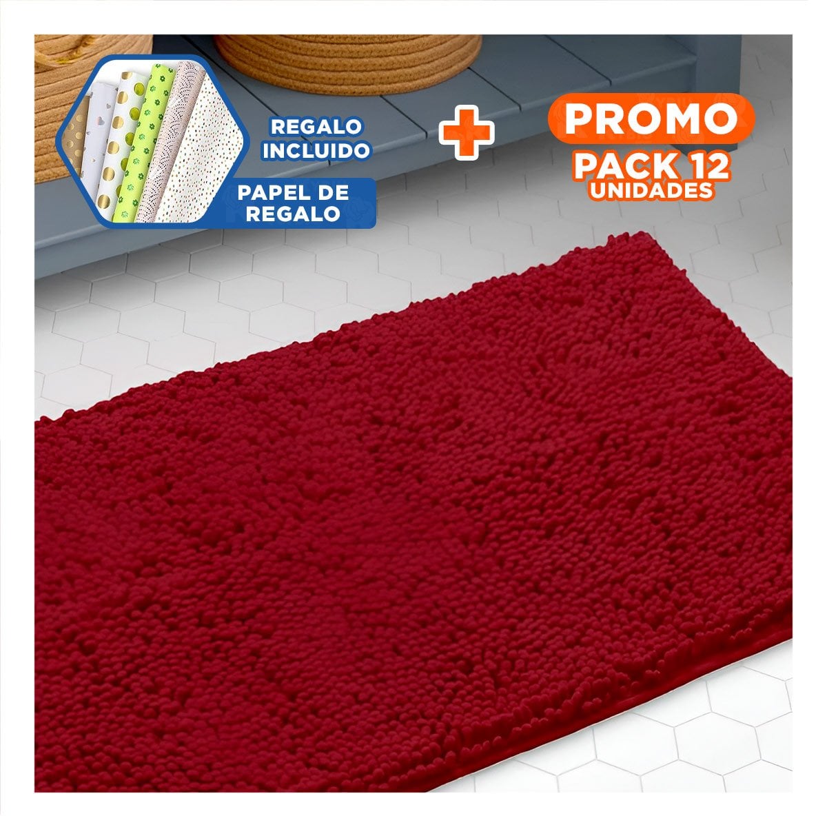 PACK12 ALFOMBRA RECTANGULAR DE PISO MICROFIBRA 40X60CM GUINDA PARA INTERIOR Y+PAPEL REGALO - 1