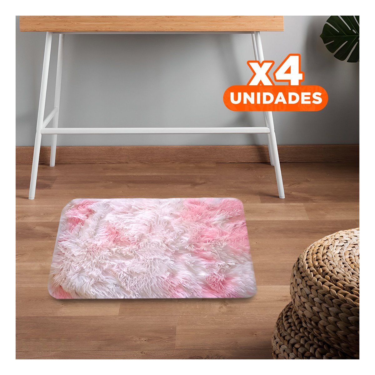 PACK4 ALFOMBRA DE PELUCHE RECTANGULAR DIMENSIONES 40X60CM EN ROSADO Y BLANCO - 1