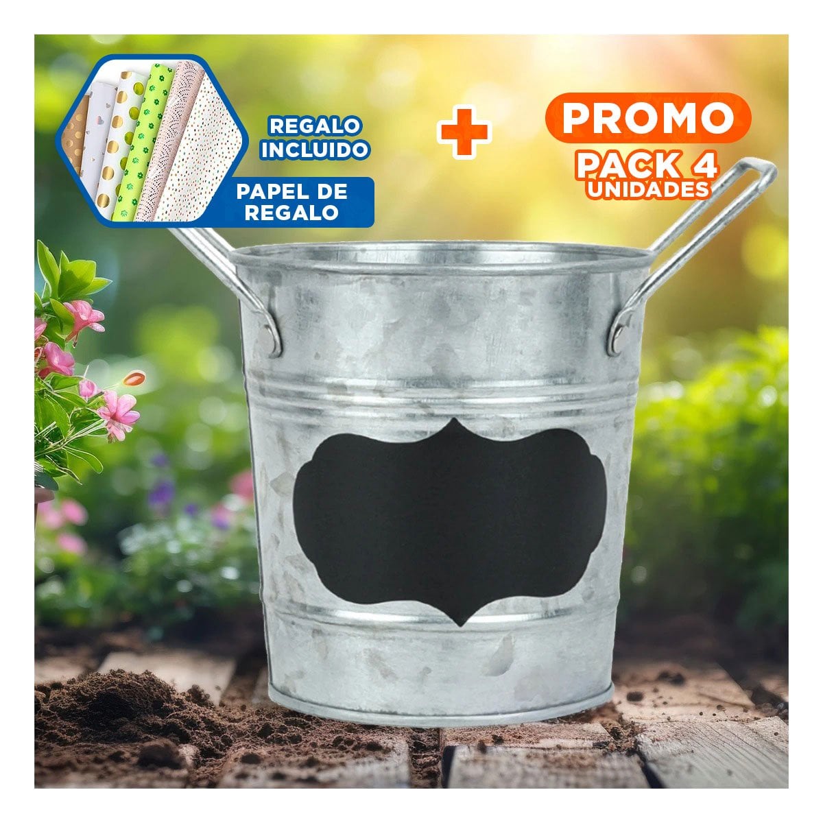 PACK4 BALDE CUBO DE METAL CON DOBLE AGARRADERA Y CUADRO PARA NOTA PARA PLANTAS Y+PAPEL REGALO - 1