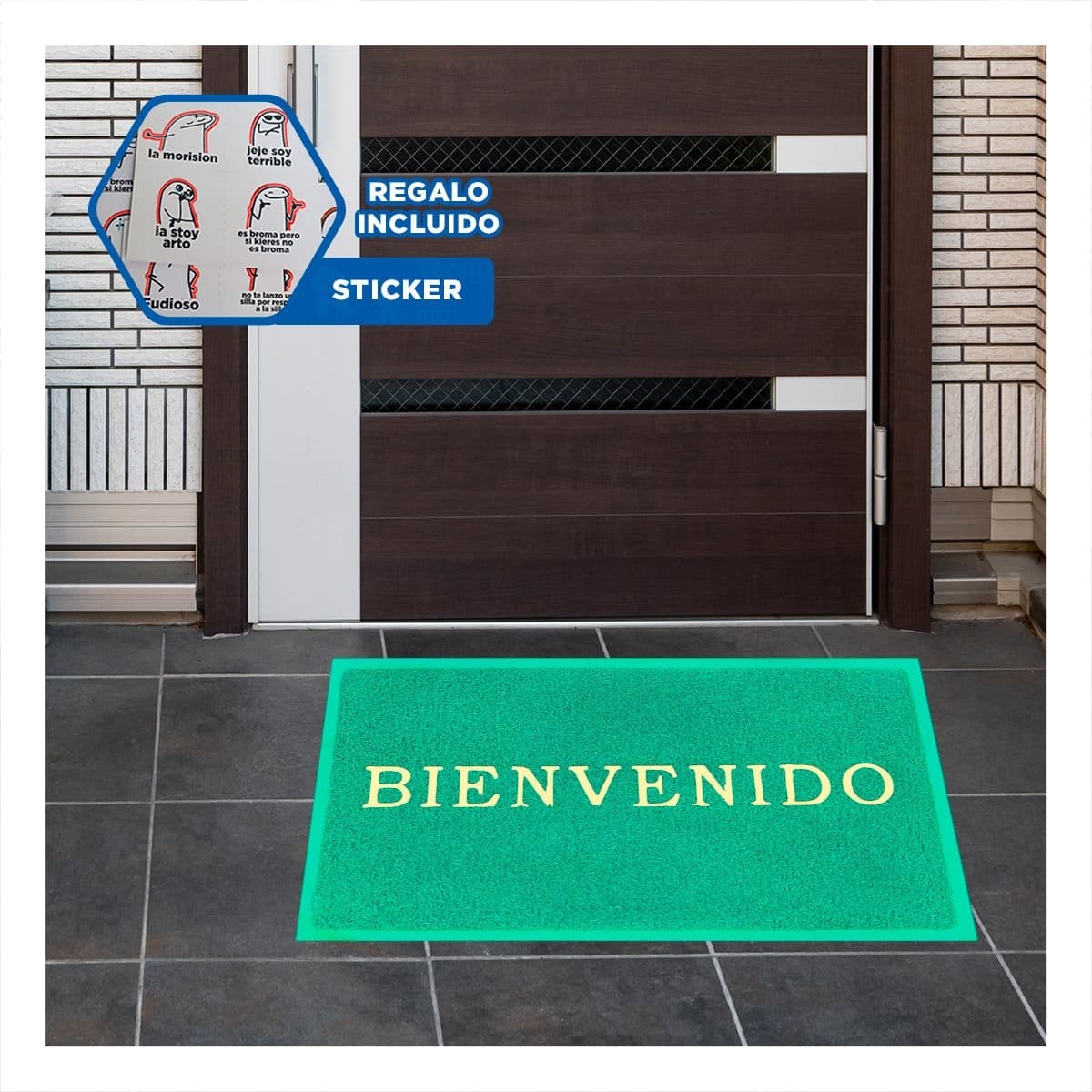 TAPIZ RECTANGULAR BIENVENIDO VERDE PARA RECIBIR Y DECORAR HOGAR Y+REGALO STICKER - 1