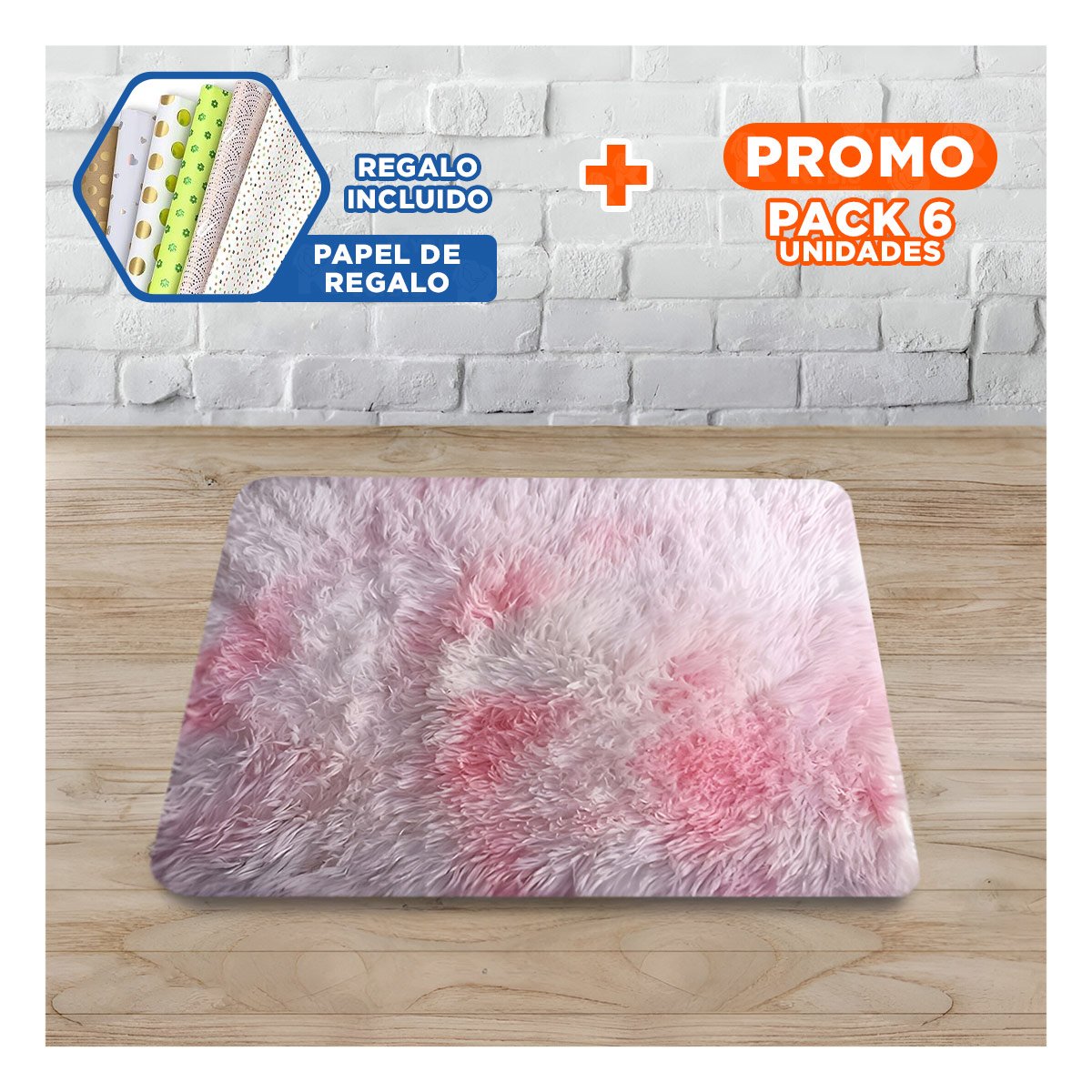 PACK6 ALFOMBRILLA DE PELUCHE DECORATIVO RECTANGULAR ROSADO Y BLANCO 40X60CM YPAPEL REGALO - 1
