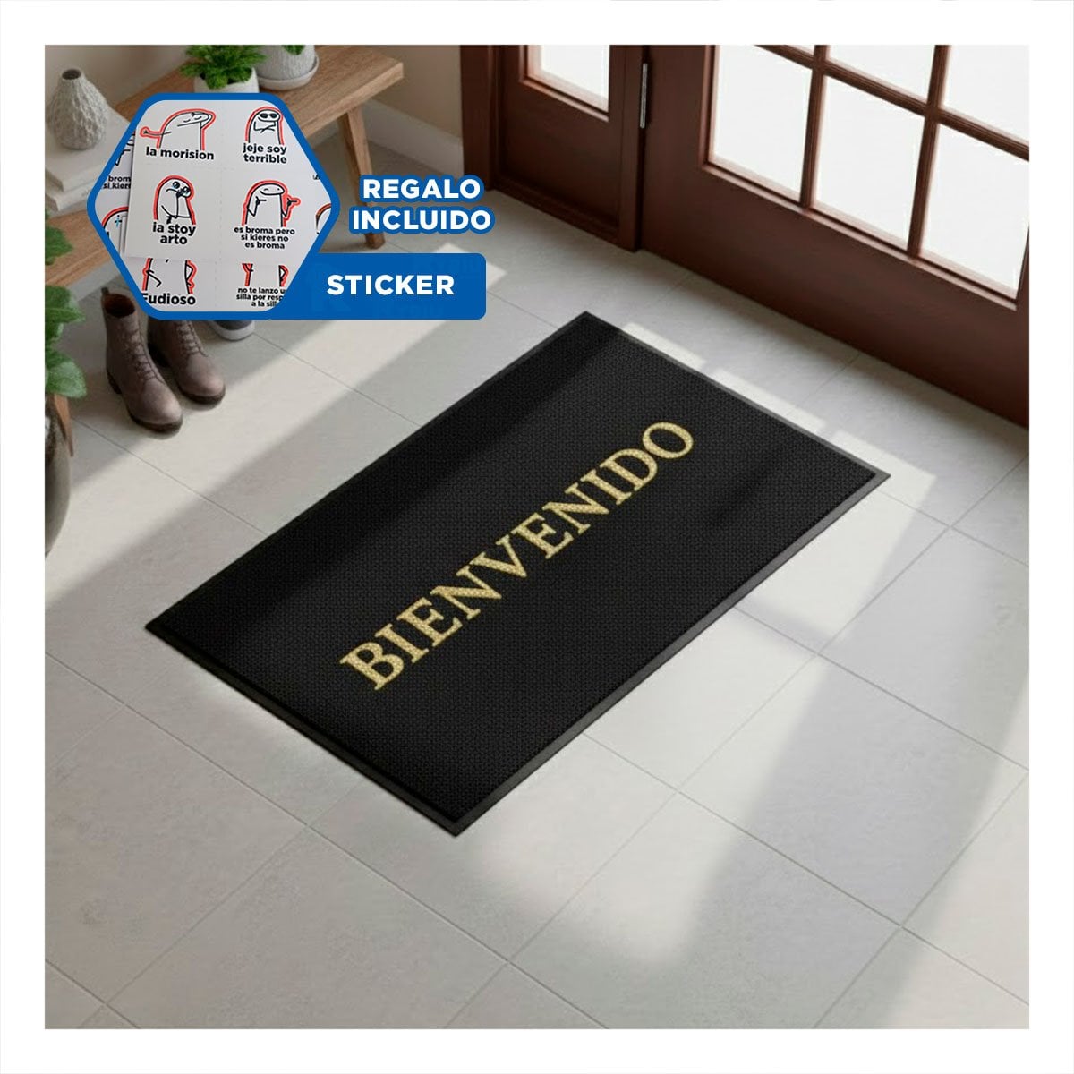TAPIZ RECTANGULAR BIENVENIDO NEGRO PARA ENTRADA Y RECIBIDOR HOGAR Y+REGALO STICKER - 1