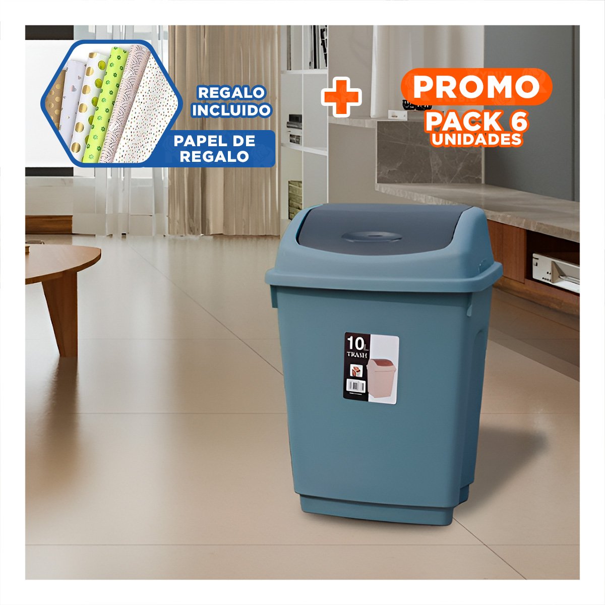 PACK6 CONTENEDOR AZUL PARA BASURA CON TAPA VAIVEN FUNCIONAL 10L YPAPEL REGALO - 1