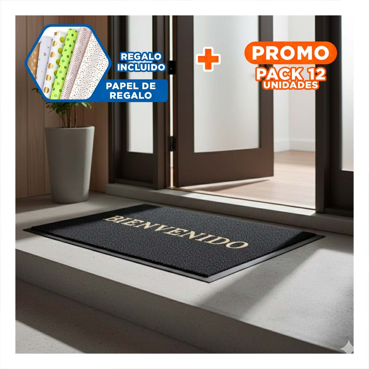 PACK12 TAPIZ RECTANGULAR BIENVENIDO PLOMO PARA PASILLO SALA Y COCINA Y+PAPEL REGALO - 1
