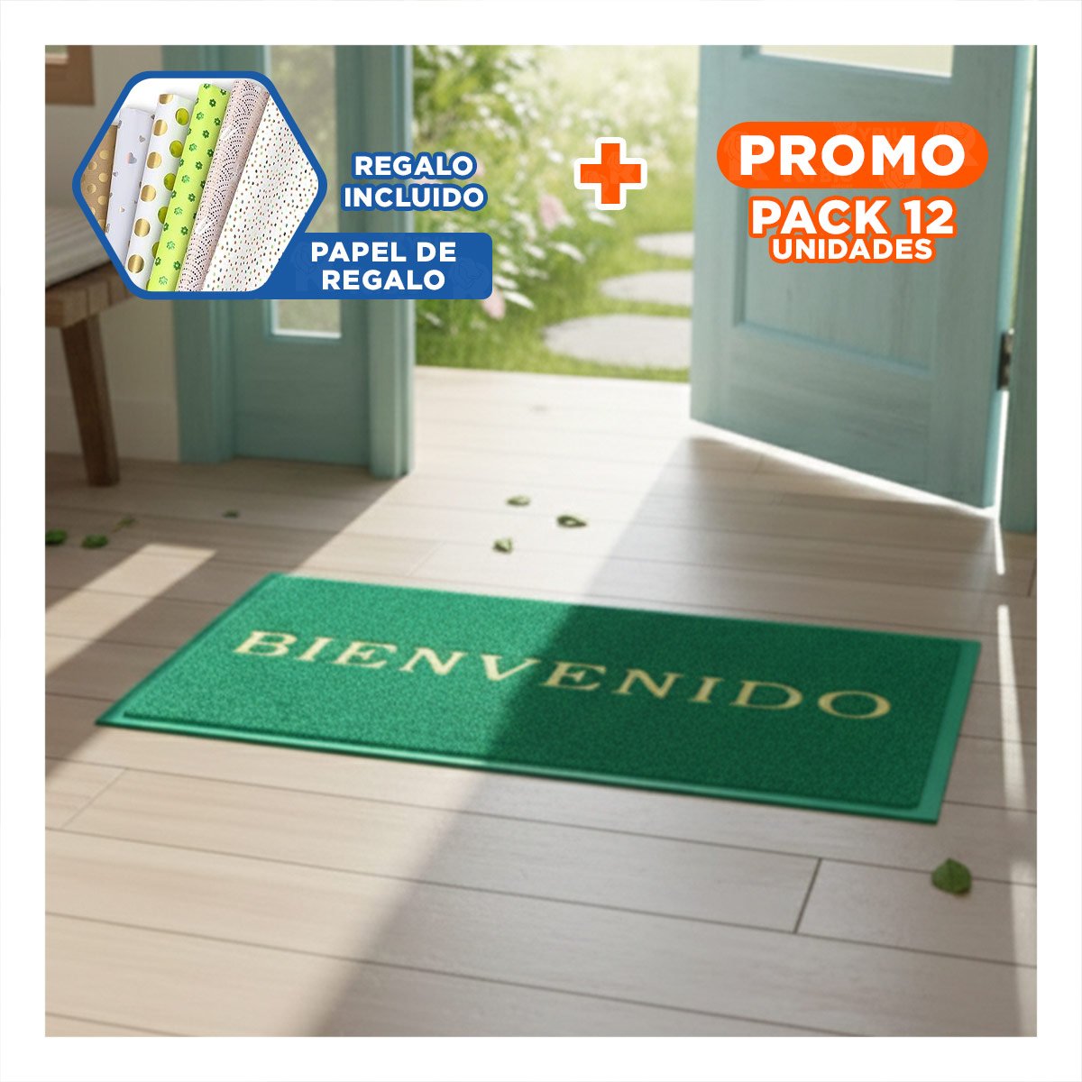 PACK12 TAPIZ RECTANGULAR BIENVENIDO VERDE PARA ENTRADA Y ACCESO DIARIO Y+PAPEL REGALO - 1